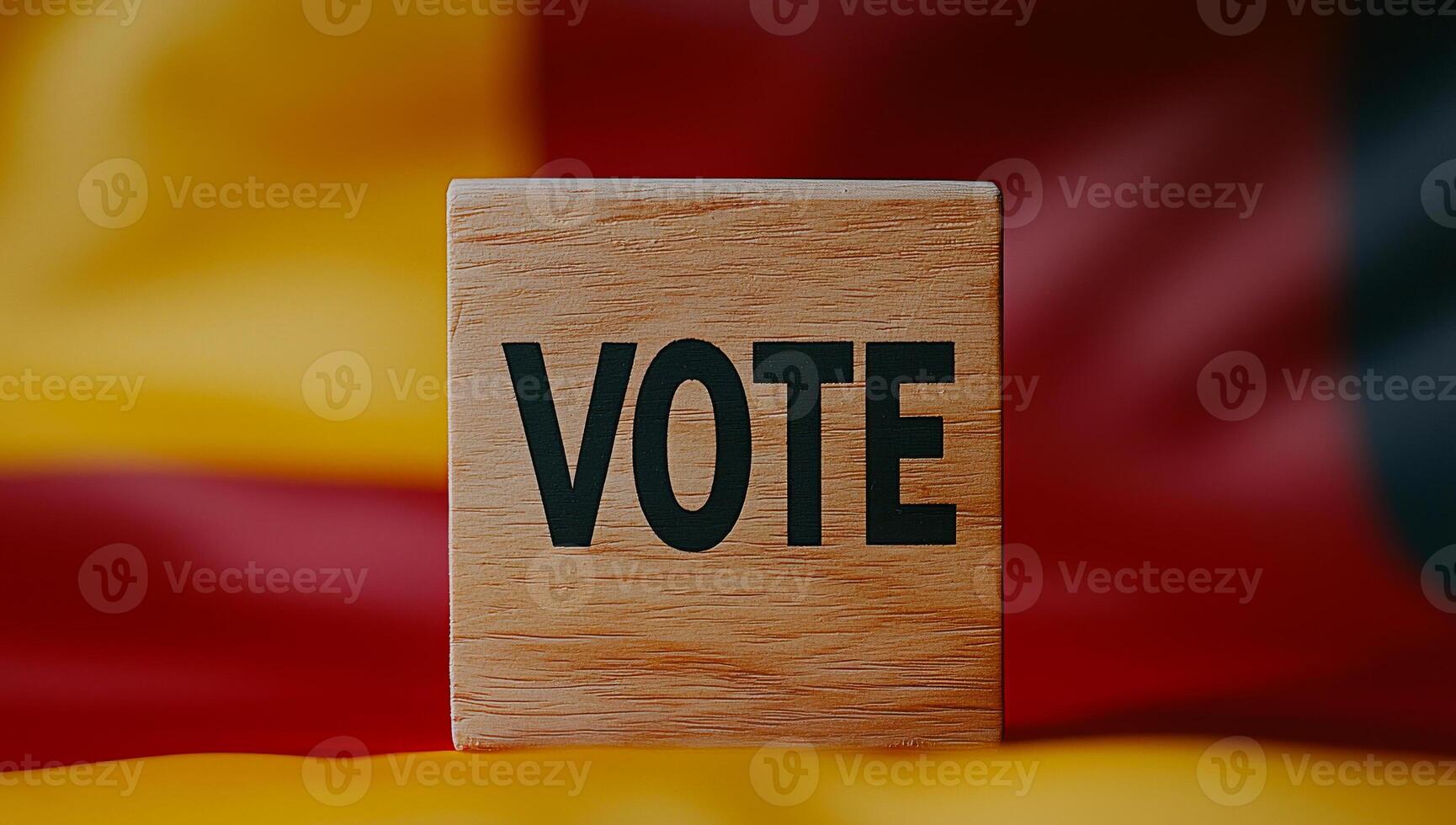 Vote message wood block. A wooden block displaying the word vote sits in front of a colorful flag, emphasizing civic engagement and democracy. photo