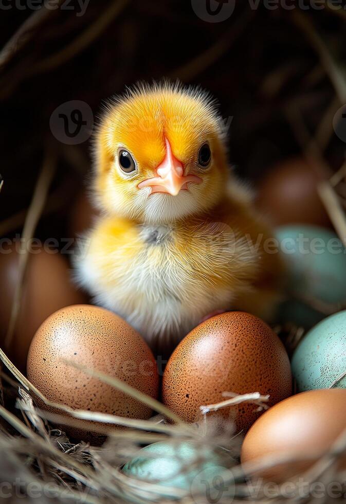 Chick hatching in colorful nest. A yellow chick sits surrounded by variously colored eggs in a cozy nest, showcasing nature's beauty and new life. photo