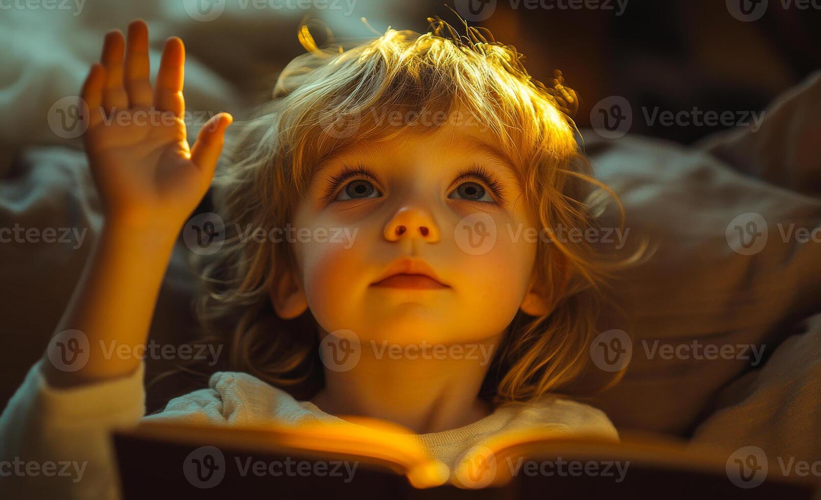 Child's wonder during storytime. A young child gazes upward with curiosity, illuminated by warm light while holding a book. photo