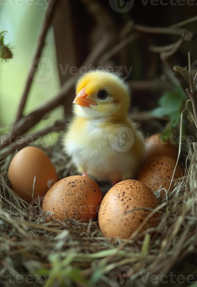Cute chick hatching in a cozy nest. A fluffy yellow chick stands among several eggs in a natural nest, surrounded by greenery in the early morning light. photo