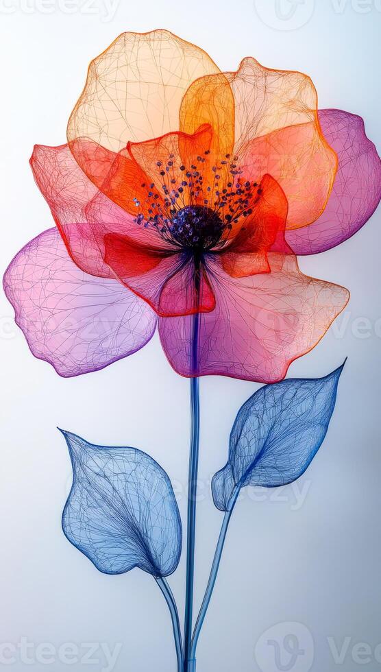 Colorful fabric flower in light. A vibrant flower is created from translucent fabric with layered petals and leaves, showcased in soft lighting. photo