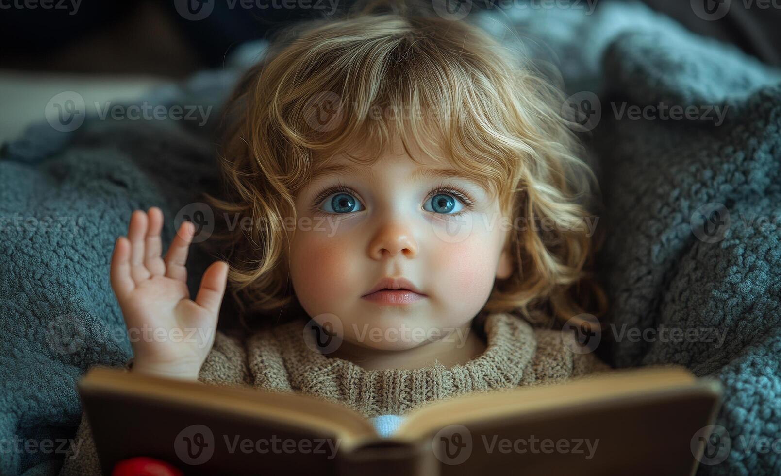 Child reading at home. A young child with curly hair reads a book while sitting comfortably in a cozy blanket, looking curious and engaged. photo