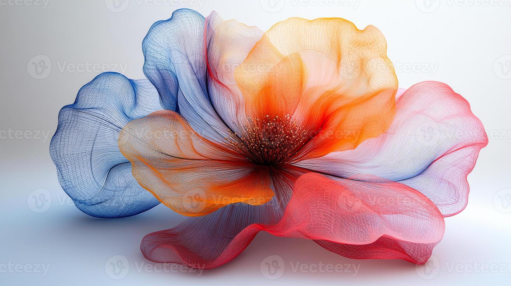 Vibrant flower with soft petals. A vibrant flower composed of translucent petals in shades of blue, orange, and pink creates a stunning visual effect. photo
