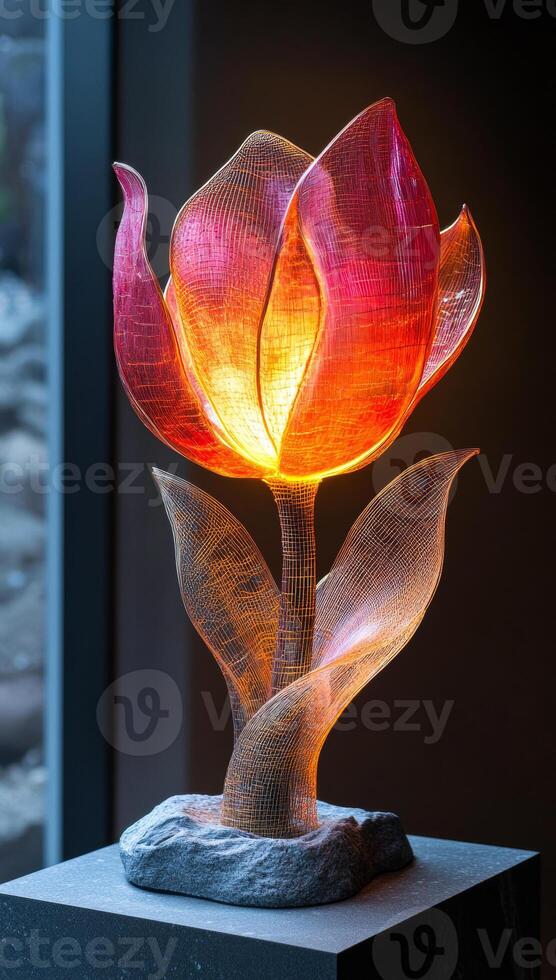 Vibrant floral lamp design. A flower-shaped lamp glows warmly in orange and pink, displayed indoors against a dark background. photo