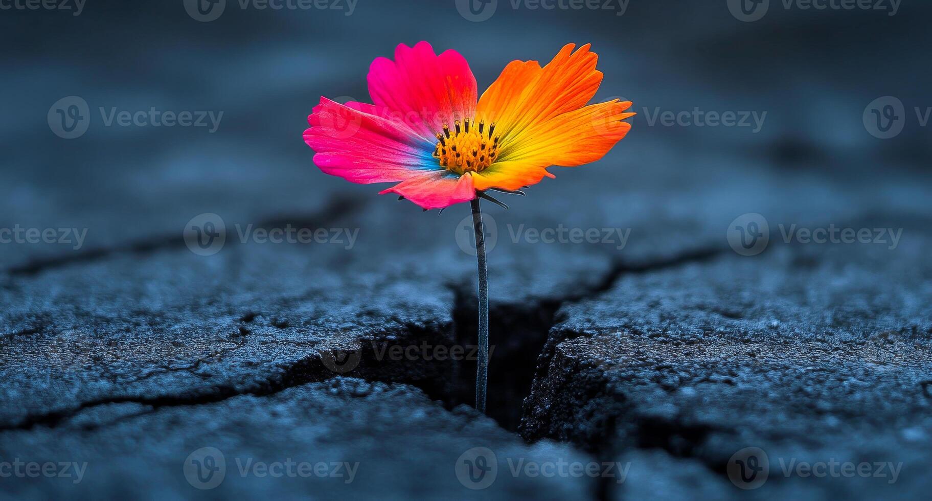 Flower blooms through cracked earth. A bright flower emerges from a deep crack in dark, dry soil, symbolizing resilience and beauty in harsh conditions. photo