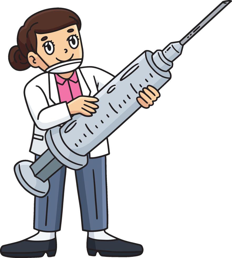 Female Doctor with a Giant Syringe Cartoon Clipart vector
