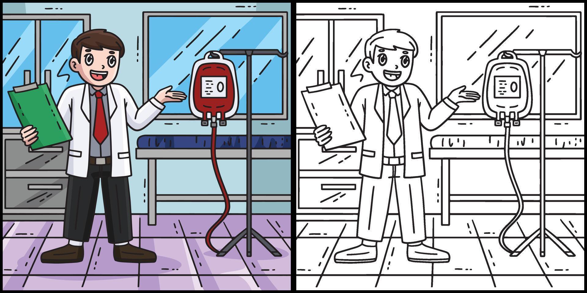 Doctor with Blood Donation Coloring Illustration vector