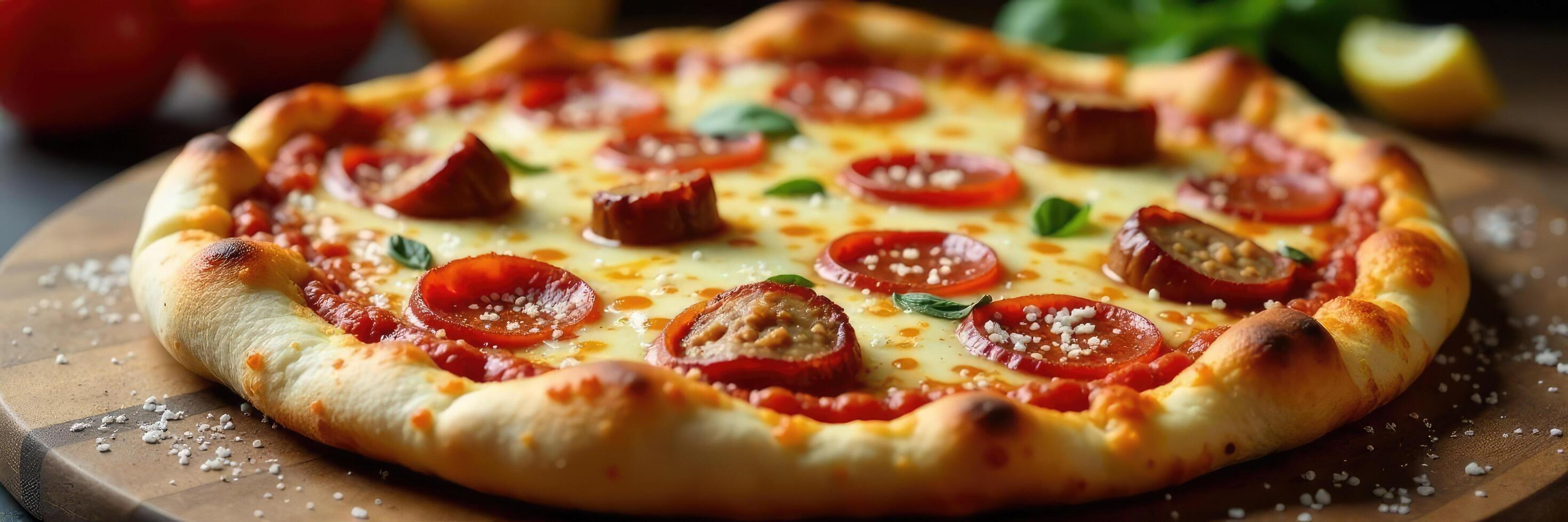 Crispy crust topped with tangy tomato sauce, meaty sausage, pepperoni, and smoky bacon, finished with a sprinkle of parmesan cheese, parmesan, bacon, cheesy photo