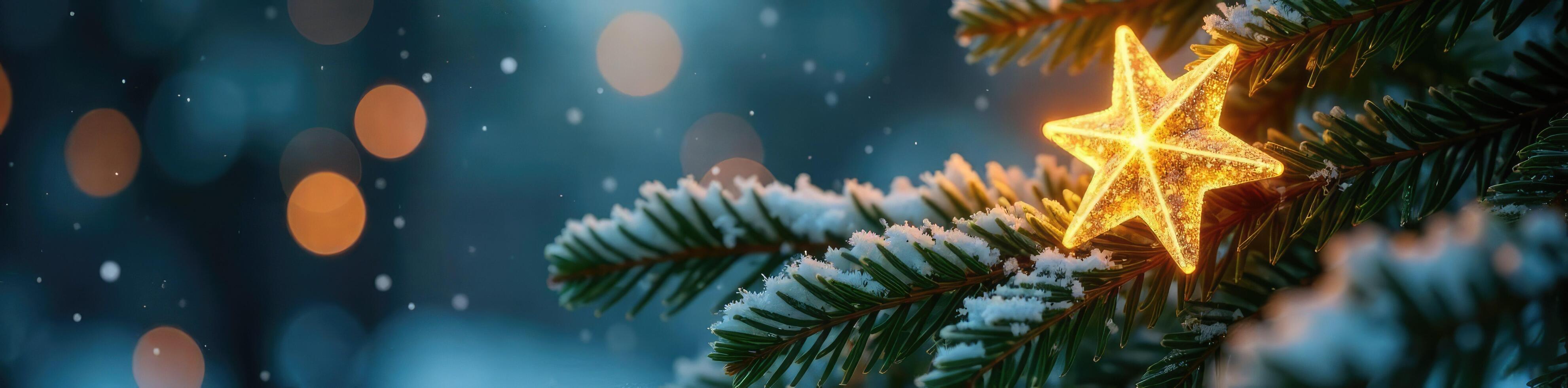 Glowing golden star shining above frosted fir branch with soft glowing light amidst evergreen foliage, snowflakes, ornaments, winter photo