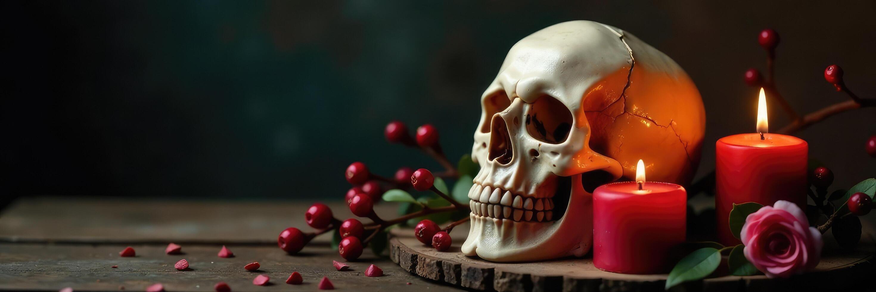 Still life of a skull candle with candles and branches, skull, dark background, earthy photo
