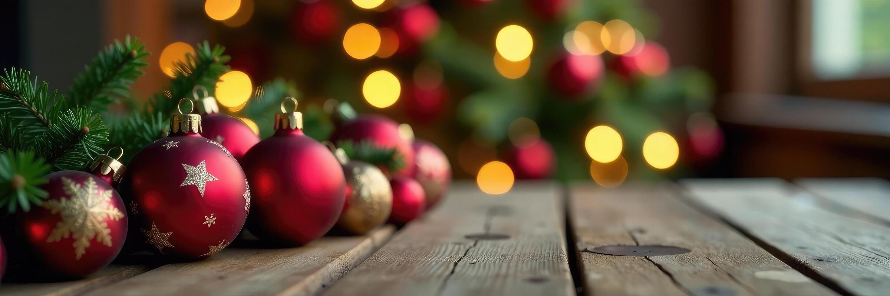 Festive Christmas ornaments on a rustic wooden table with soft focus and string lights, ornaments, christmas tree, cozy ambiance photo