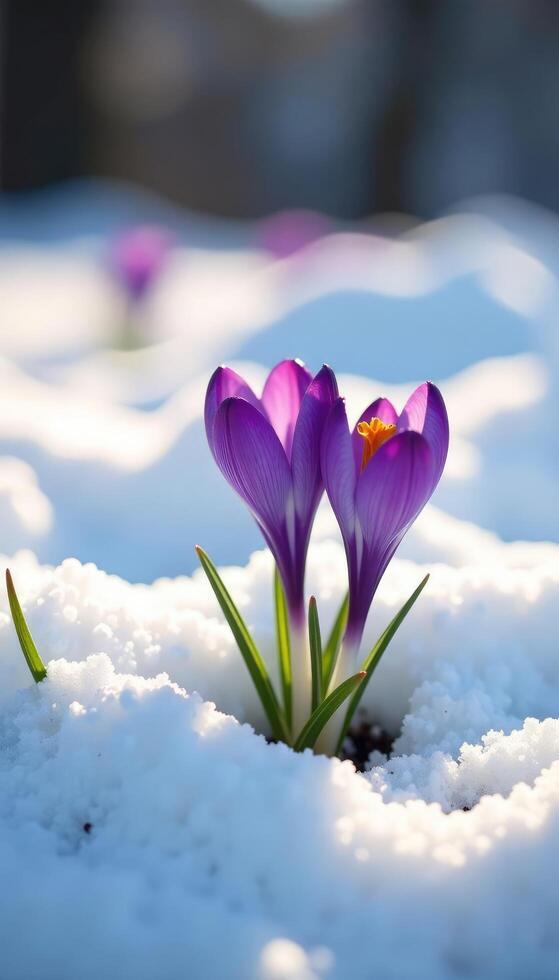 Crocus flowers peeking out from the snow-covered ground, snow, flowers photo