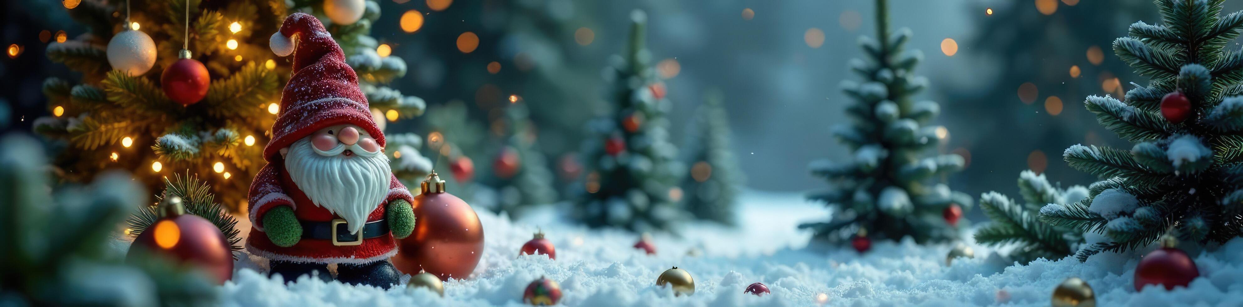 Festive decorations around the magical Christmas gnome, evergreen trees, festive decor, winter photo