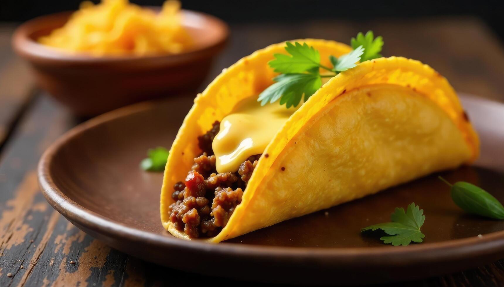 Crisp taco shell filled with seasoned ground beef and melted cheese, meal, meat, savory photo