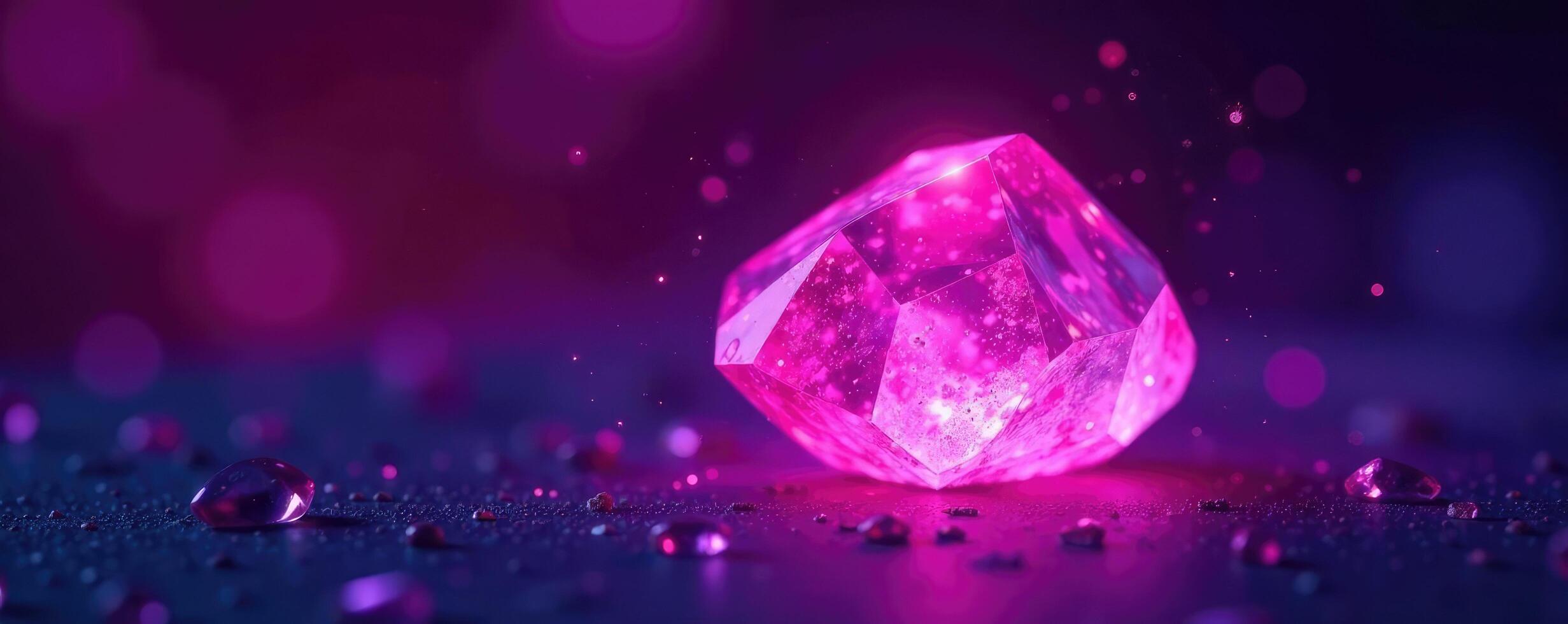 Glowing crystal on a dark pink and purple background, glowing, purple, neon photo