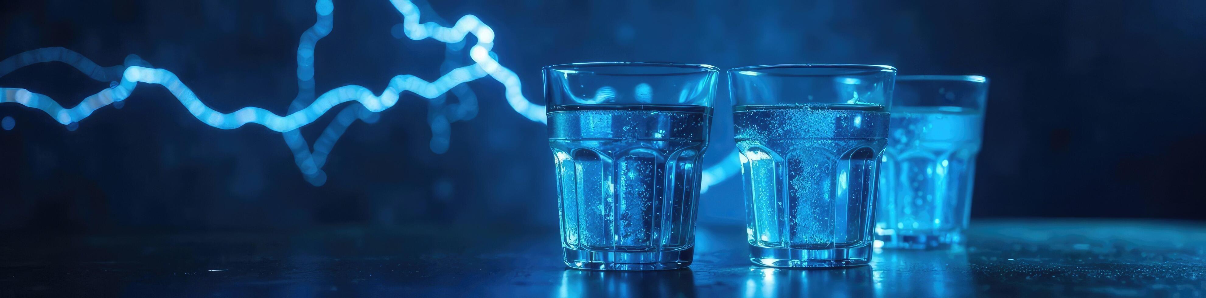 Water cups with blue lightning bolts as if electrified, spark, electricity photo