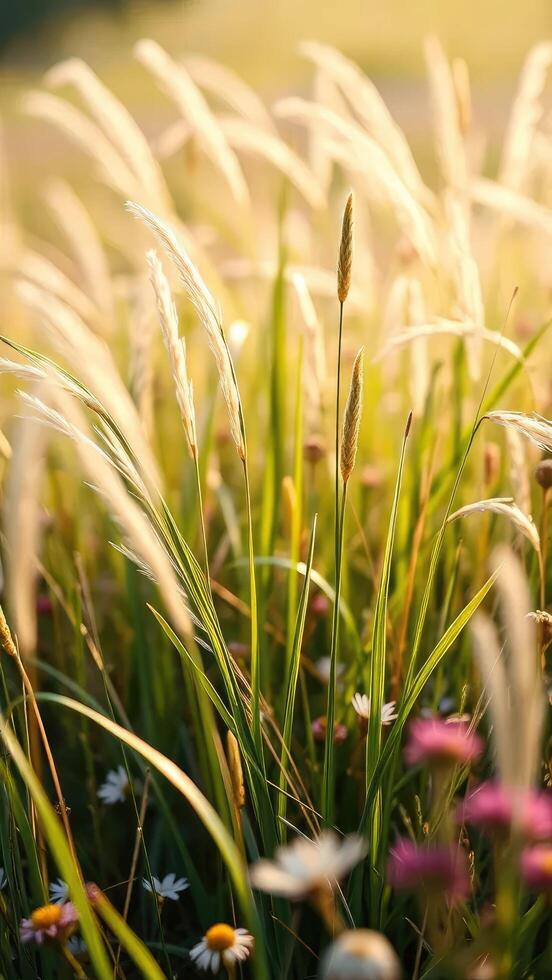 Delicate grass blades sway gently in the breeze, flowers, soft, landscape photo