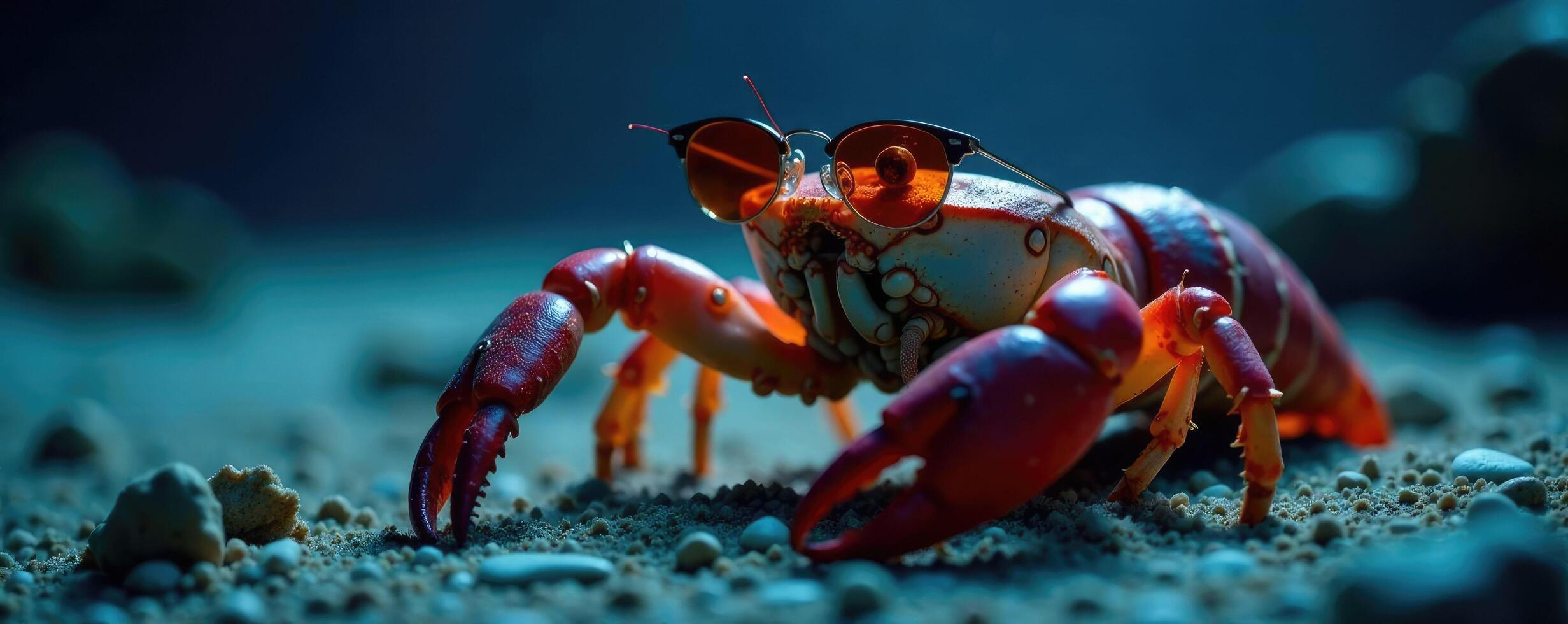 Crustacean wearing trendy shades on a mysterious night, beachy, dark background photo