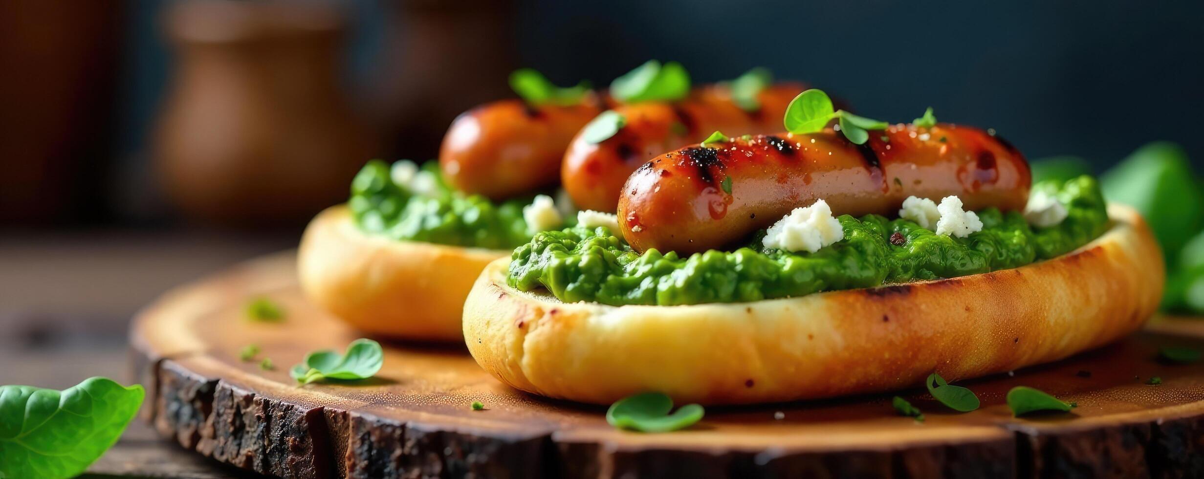 Crusty bread filled with a rich green sauce made from spinach and feta cheese, topped with grilled sausages, bread, mealtime, grill photo