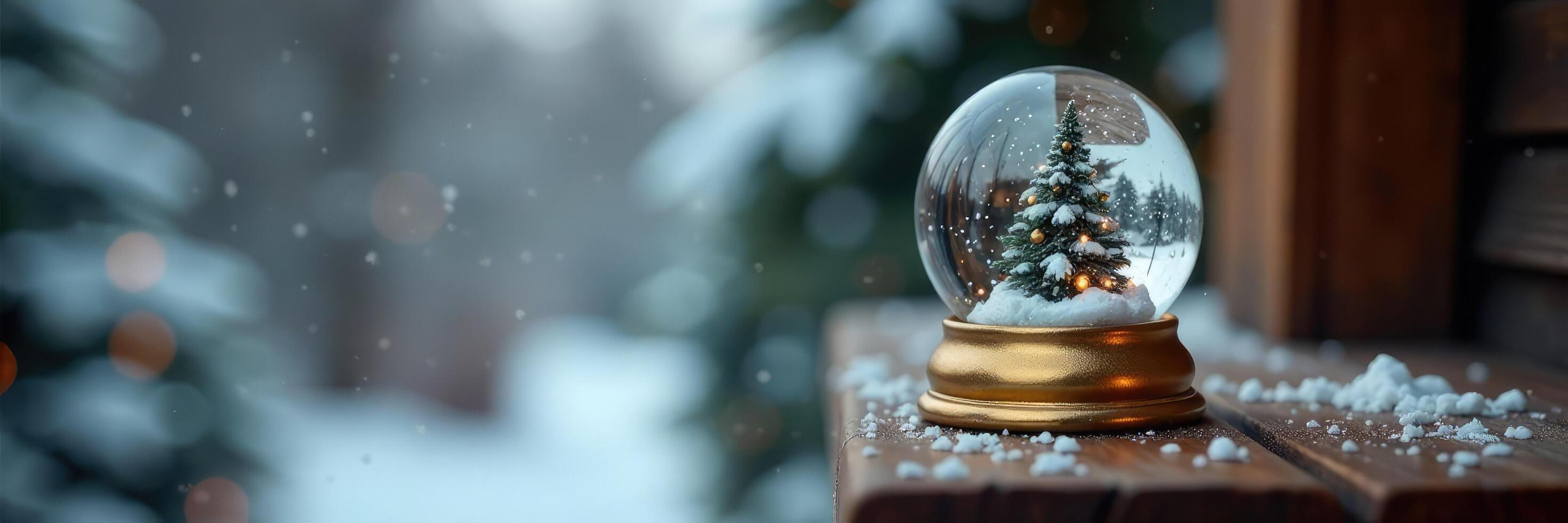 Snow globe on wooden shelf in wintery environment, golden, reflective, shelf photo