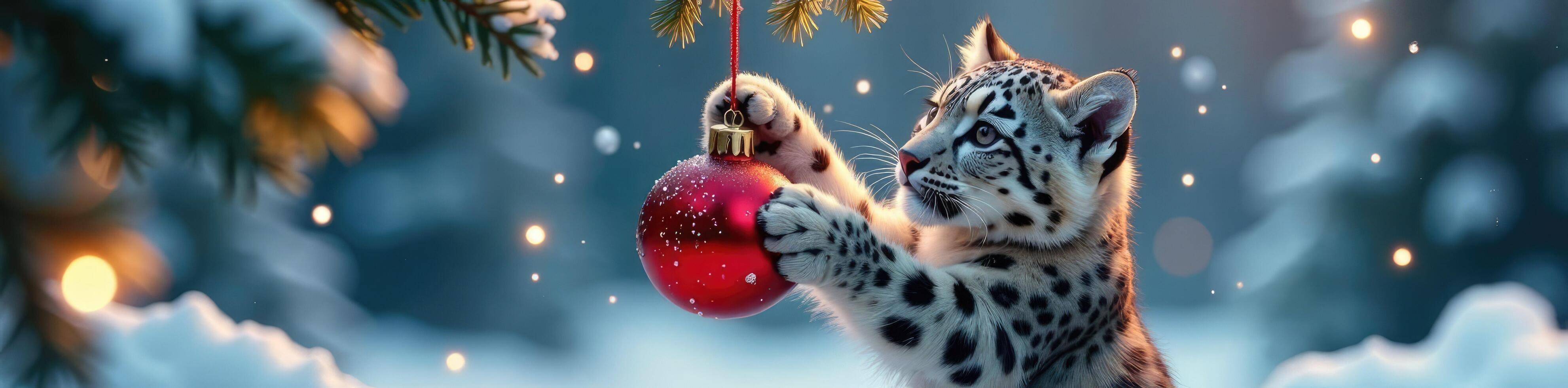 Snow leopard cub tries to grasp hanging ornament, alpine christmas, winter wonderland photo