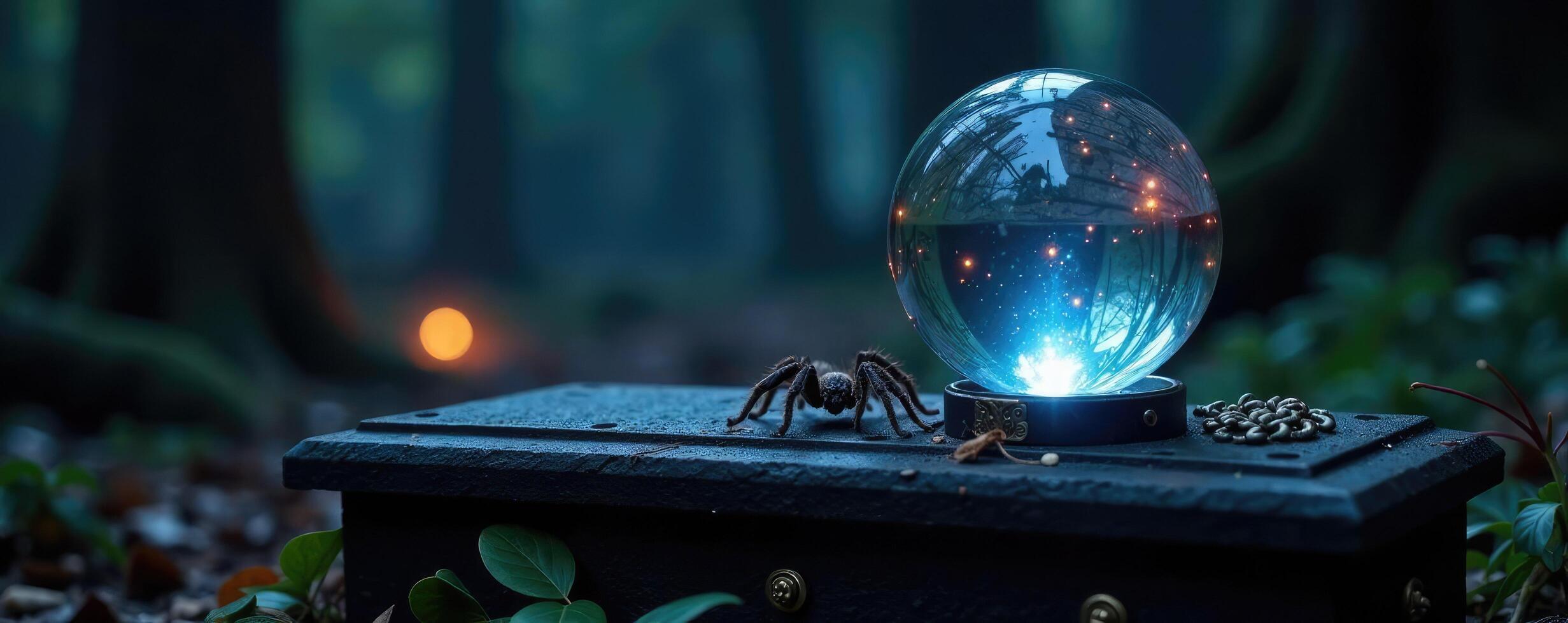 Crystal ball on a coffin with a spider crawling out, occult, eerie photo