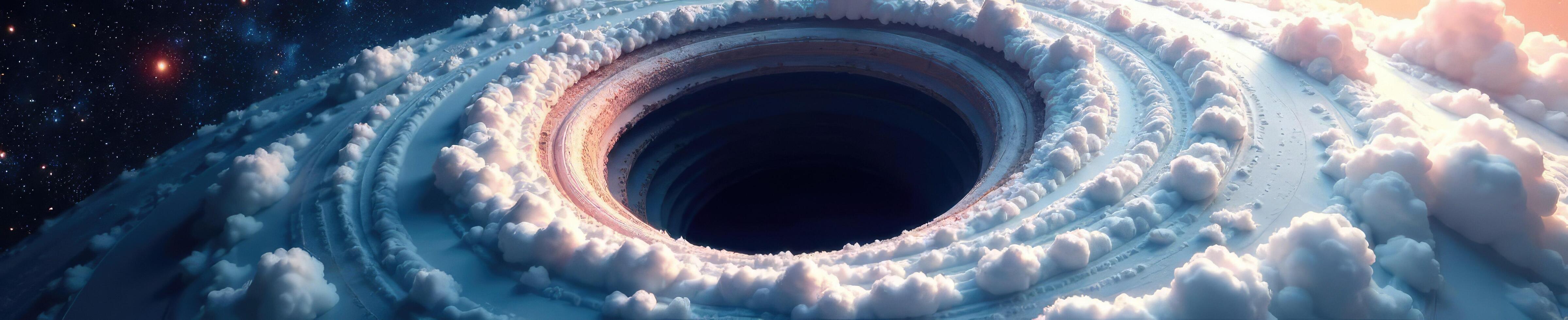 Large black hole on a white background with swirling dark clouds and stars in the distance, void, vortex, space photo