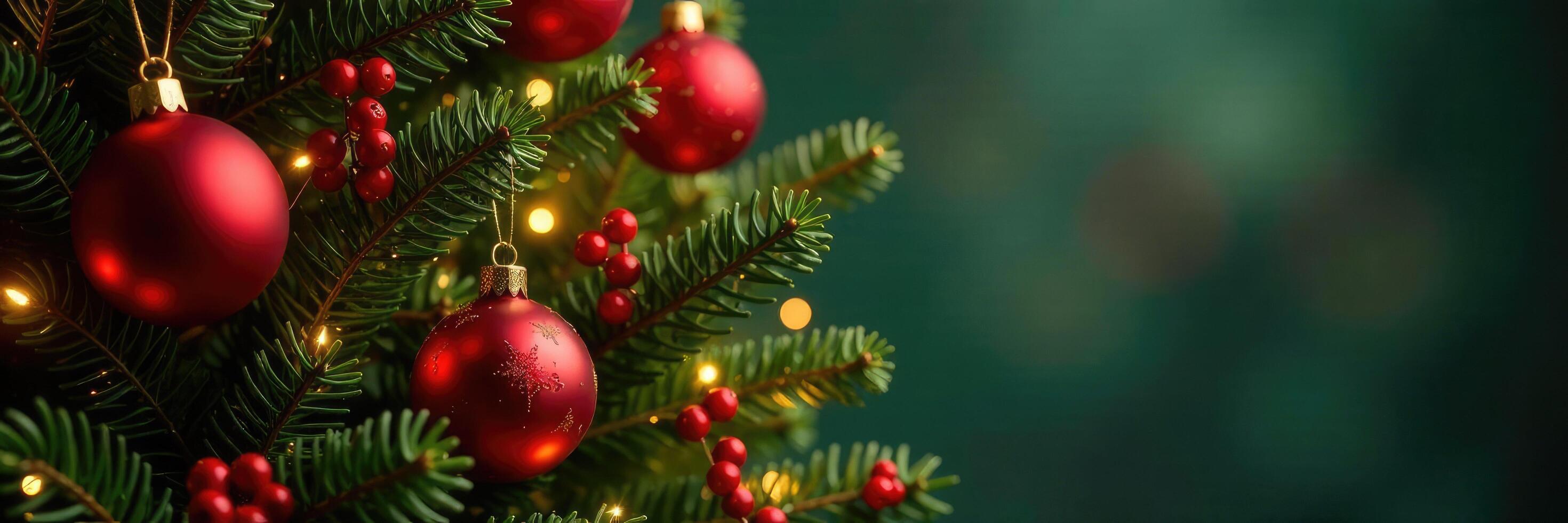 Festive Christmas tree with red and golden ornaments, gold, twinkling lights, berries photo