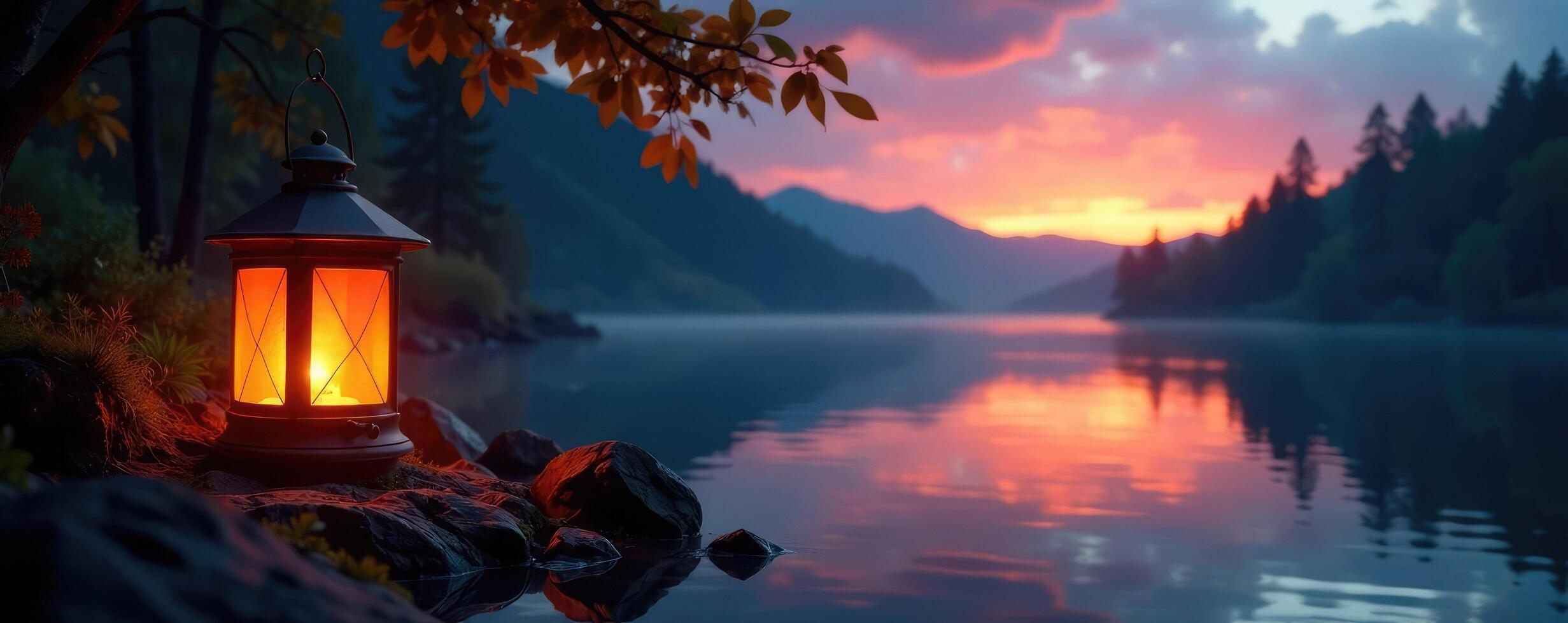 Lantern glows softly as it rises above a serene river at dusk, reflection, lantern, peaceful photo