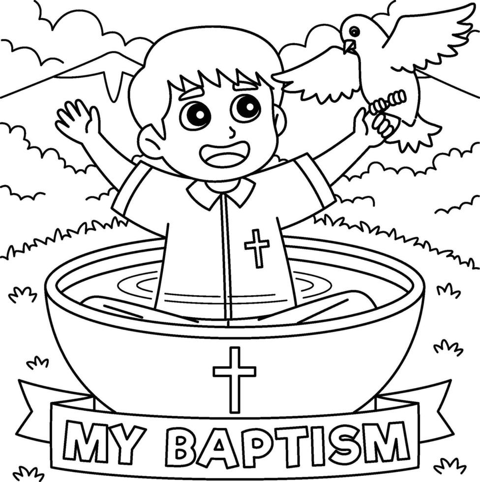 My Baptism Baby Boy Holding a Dove Coloring Page vector