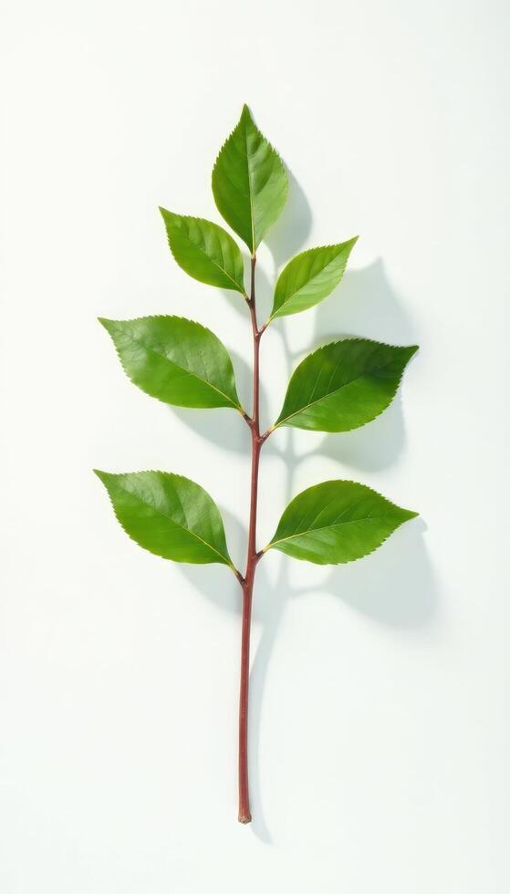 Single isolated branch against a white background with natural light casting subtle shadows, shadow, branch, tone photo