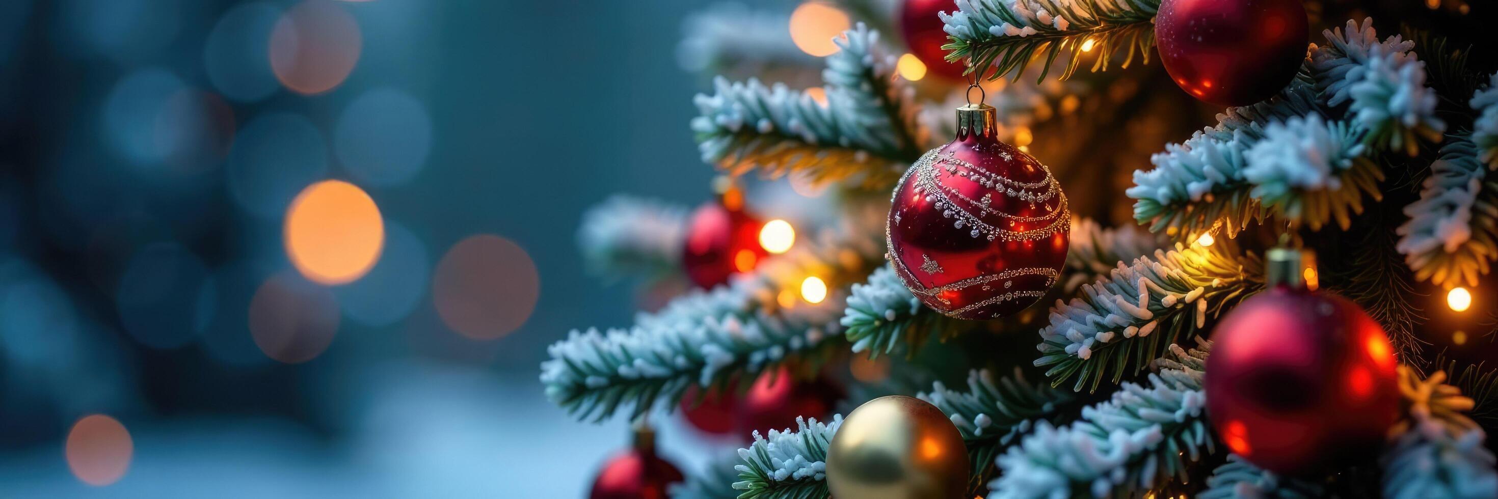 Festive Christmas tree with shiny ornaments, glittering lights, and frosty atmosphere, icicles, ribbons, ornament photo
