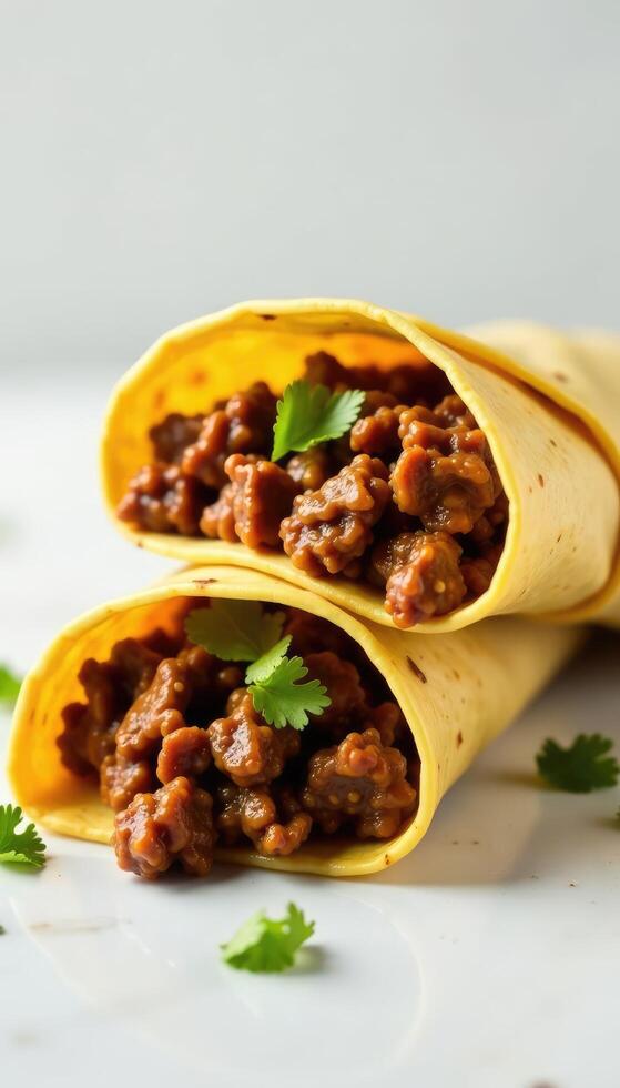 Crunchy taco shell wrapped around a beef burrito, stacked, taco, flavorful photo