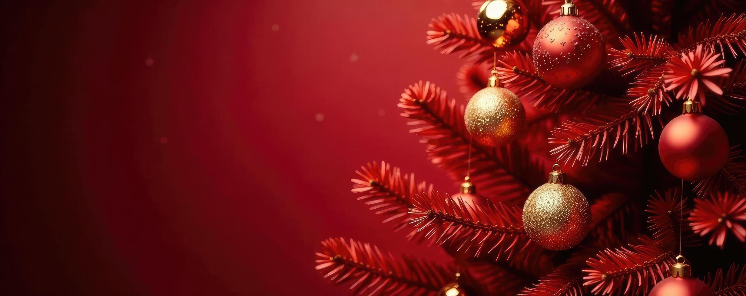 Glowing gold ornaments on a large red glittering Christmas tree, red glitter, tree decoration, Christmas tree photo