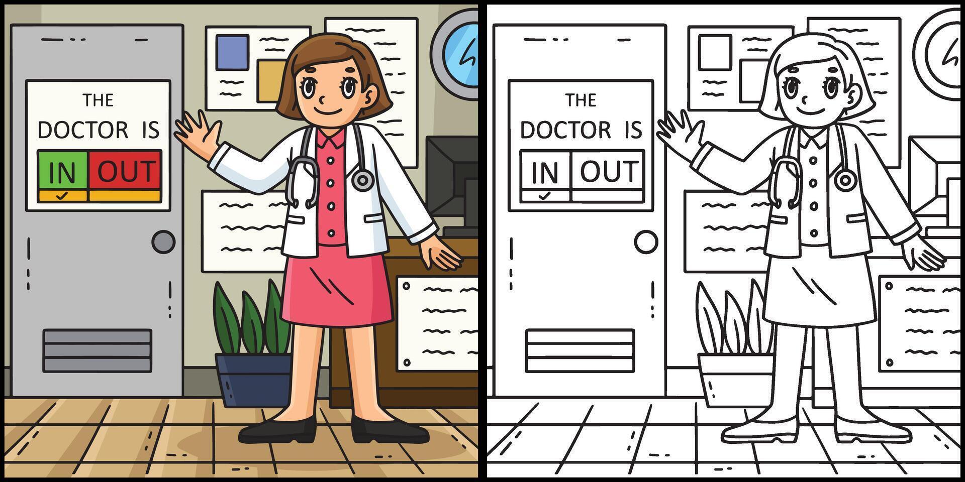 Doctor Is In Coloring Page Colored Illustration vector