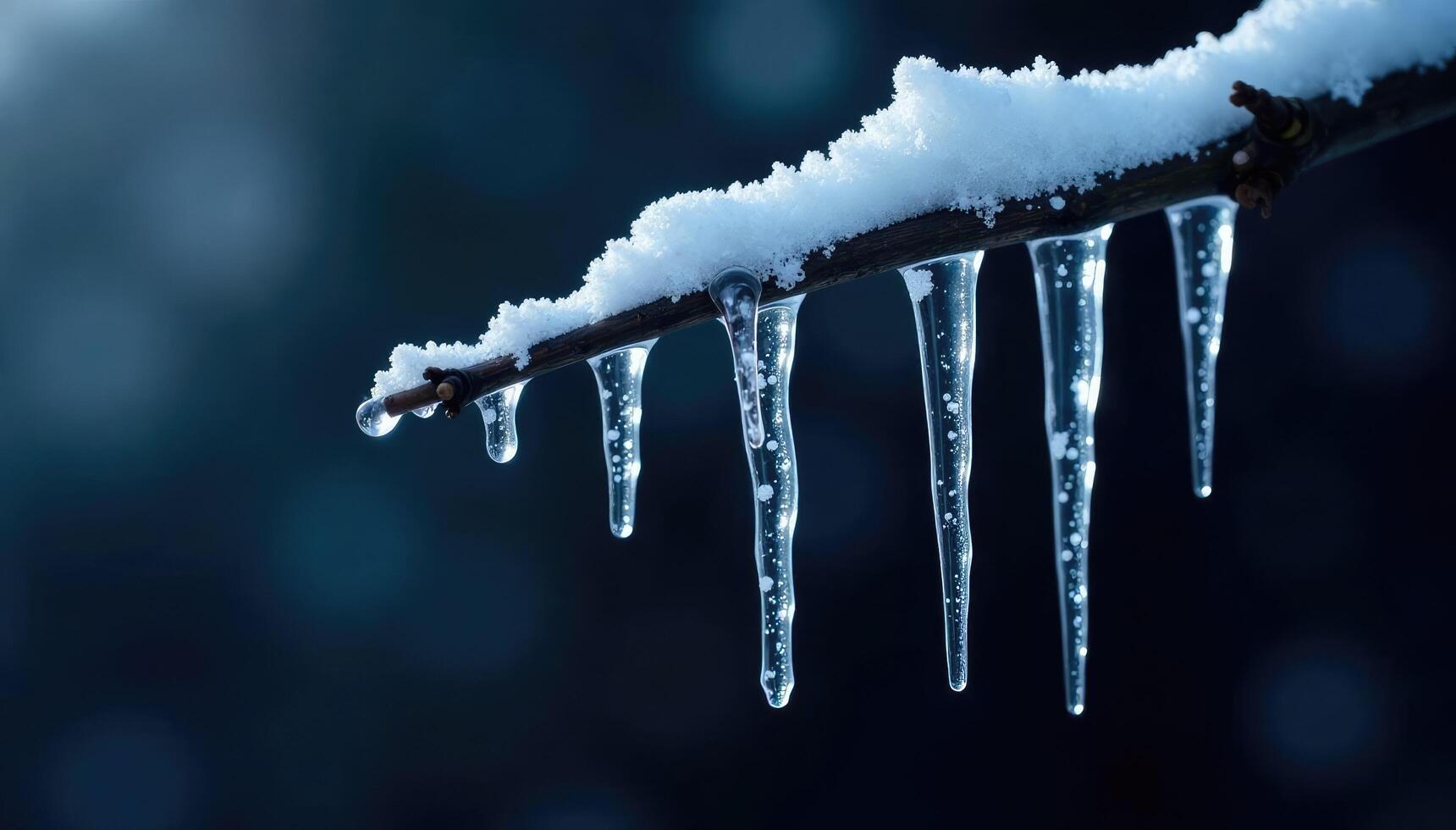 Crystal ice icicles hanging from a dark tree branch, frozen, black background, icicles photo