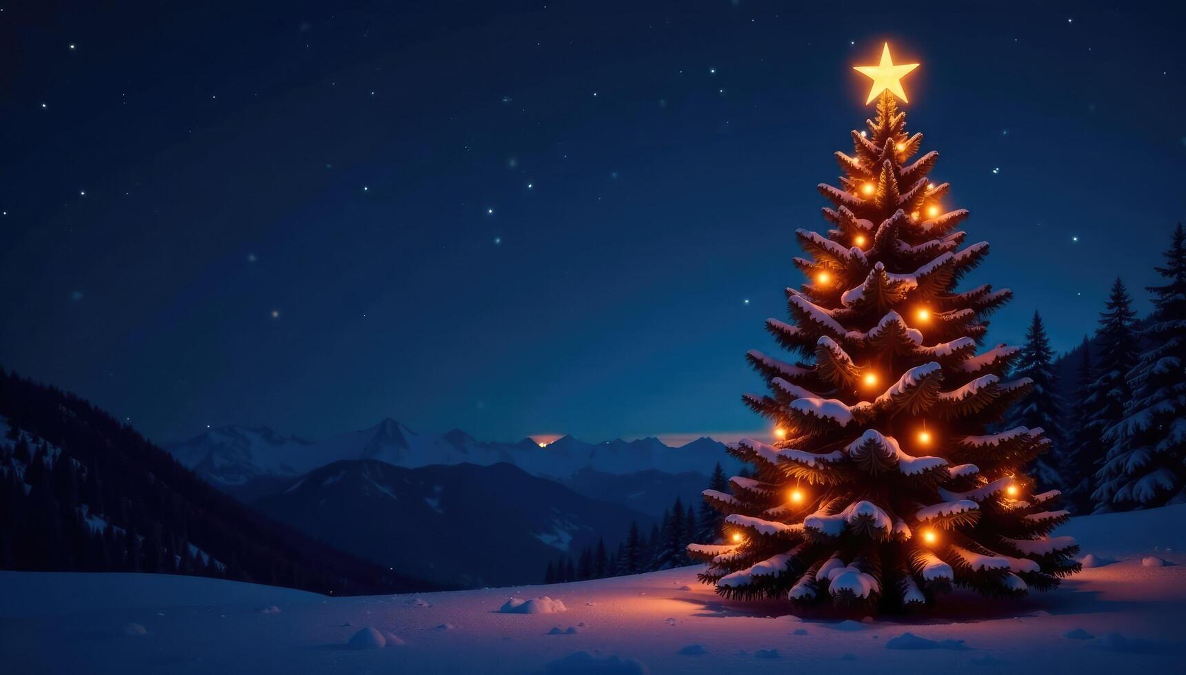 Glowing lanterns and lights adorning a tall Christmas tree on a clear starry night sky, glowing lanterns, magical ambiance photo