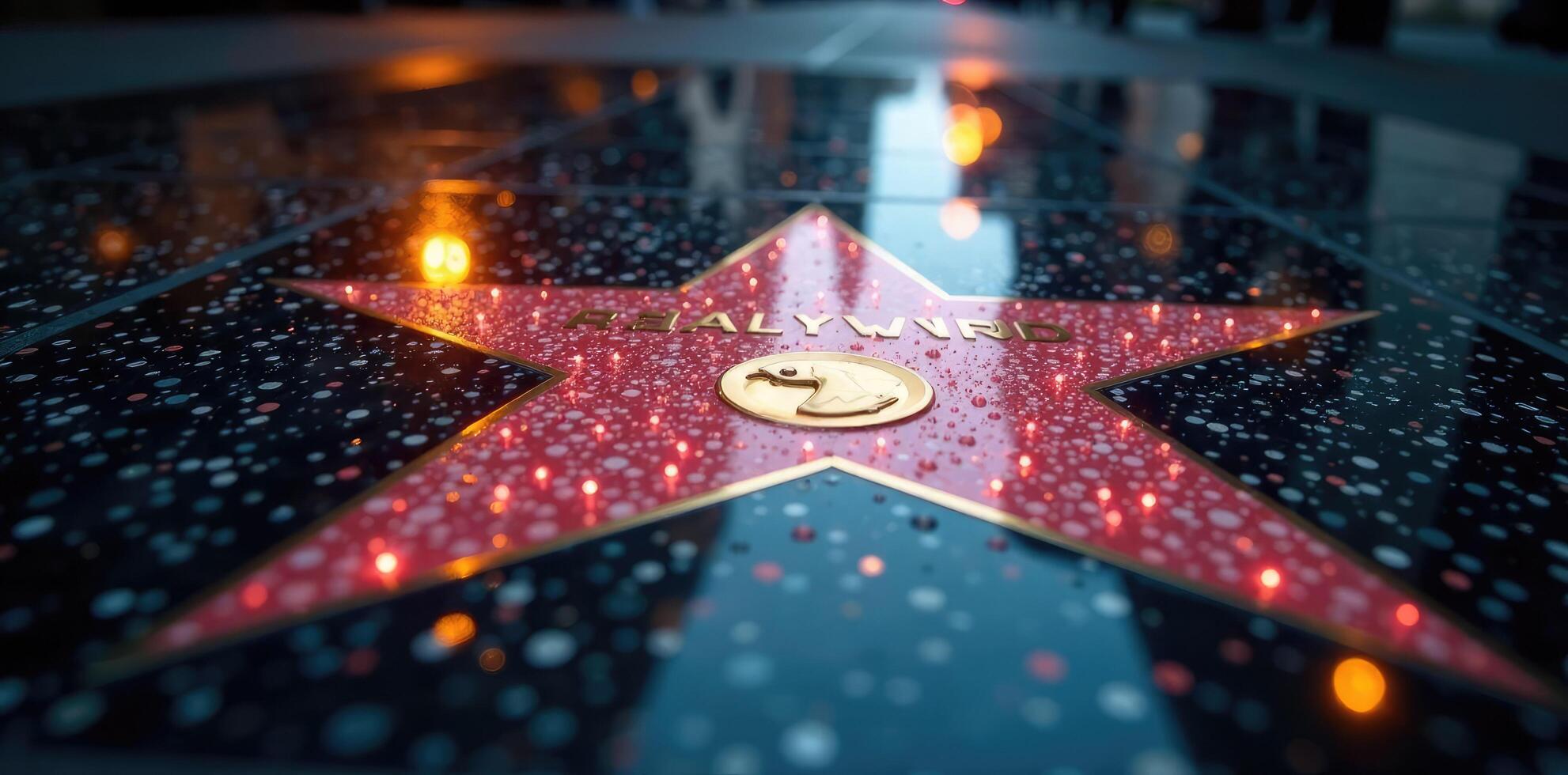 Stern auf dem Walk of Fame mit Wasser und Regen, stars on walk of fame water raindrops, hollywood precipitation, sparkling wetness photo