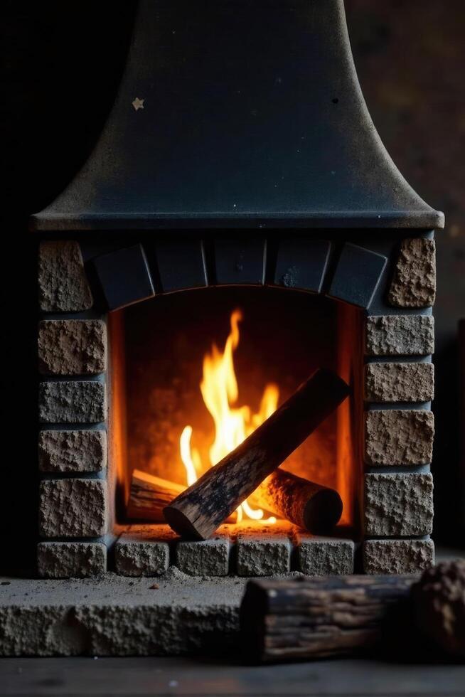Smoldering wood chunks in a rustic stone stove, wood smoke, rustic, burning wood photo