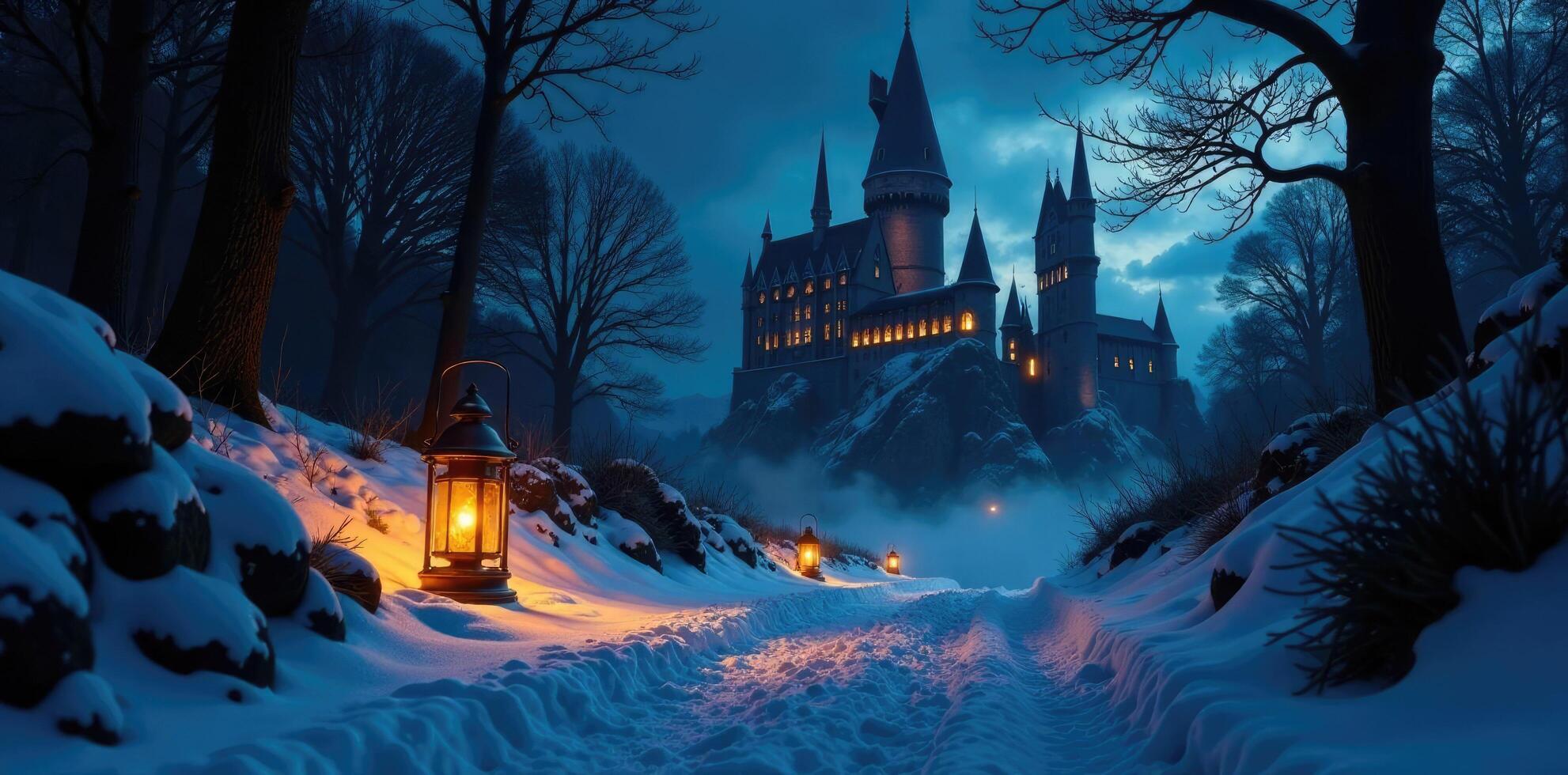 Lanterns illuminate pathways through the snowy grounds of Hogwarts, darkness, lanterns, castle photo