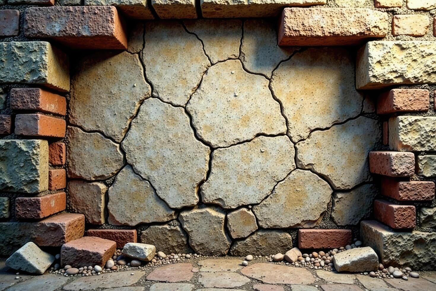 Stone wall with cracks and broken bricks behind it, stone, ruin photo