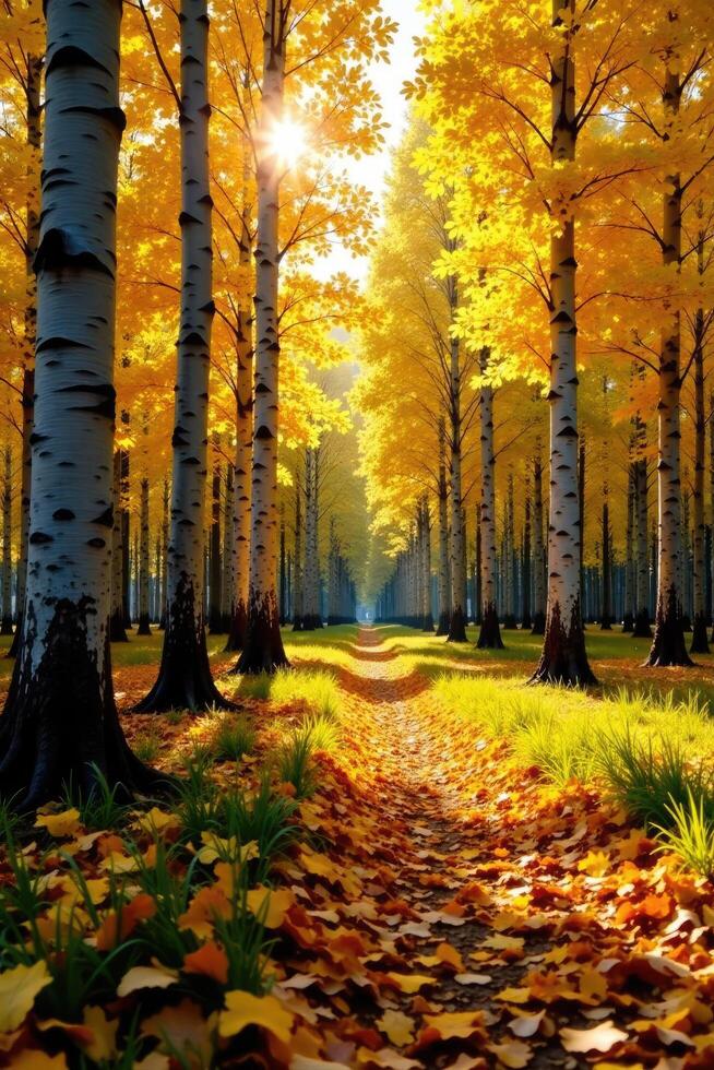 Warm sunlight filters through golden aspen leaves, forest floor, aspen photo