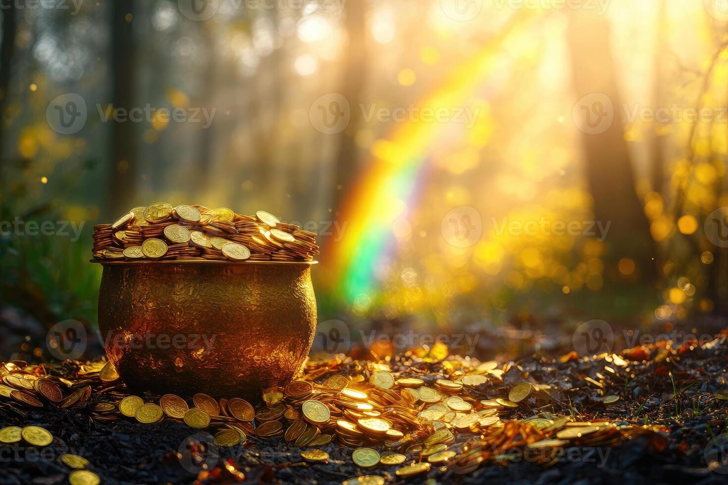 Pot of gold coins overflowing at the end of the rainbow in a forest photo