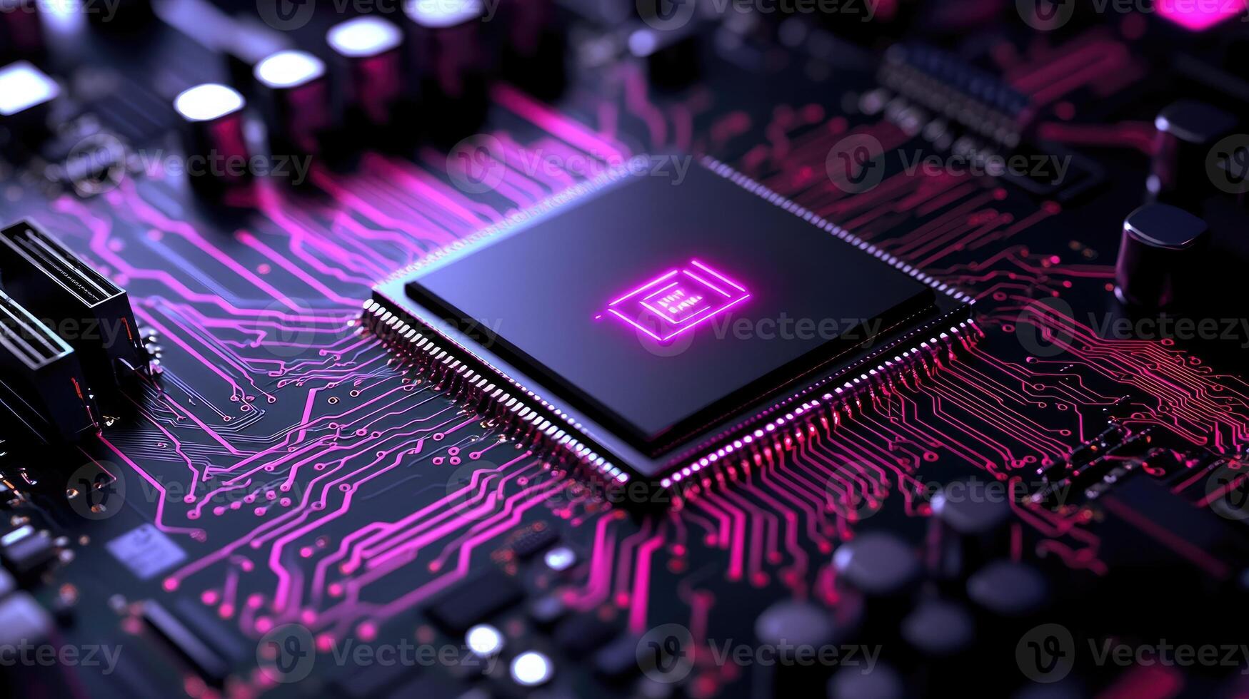 Cpu processing data on motherboard with pink lights photo
