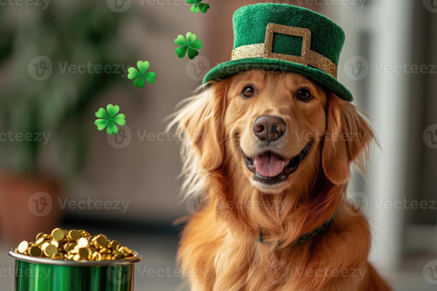 Golden retriever dog wearing a green leprechaun hat for saint patrick's day with gold coins and shamrocks photo