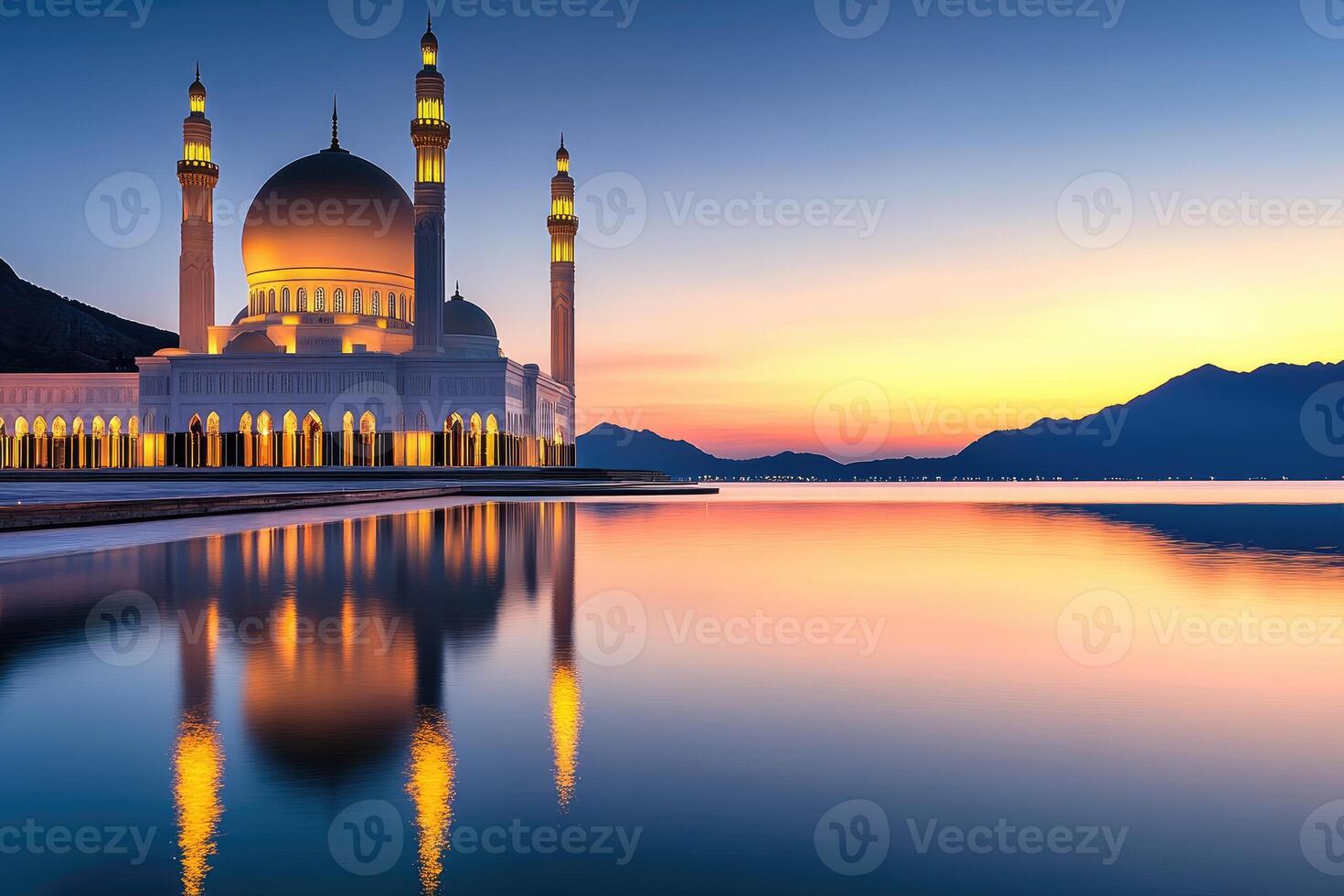 Mosque reflecting on water surface at sunset with mountain range in background photo