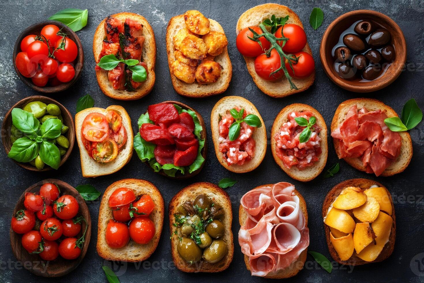 Variety of italian bruschetta with tomatoes, meat, olives and cheese composing a set of delicious appetizers photo