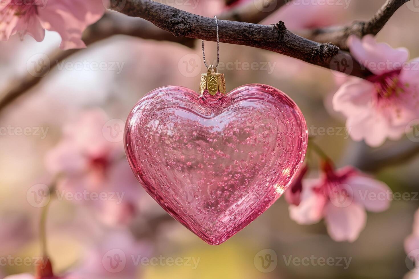 Pink heart hanging from cherry blossom tree branch symbolizing love and affection photo