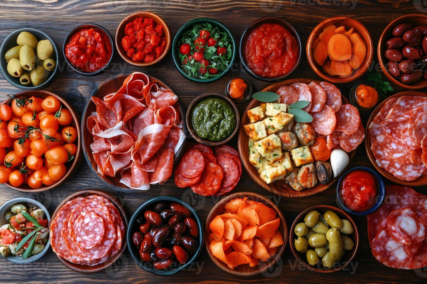 Overhead view of a colorful and inviting antipasto platter featuring a variety of italian delicacies photo