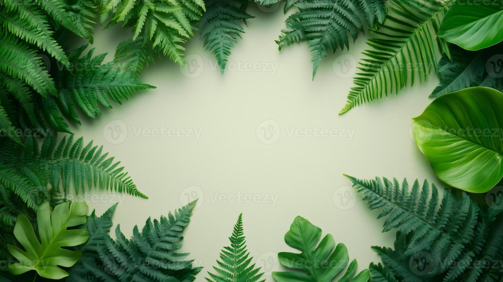 Tropical green leaves creating a frame on light green background photo